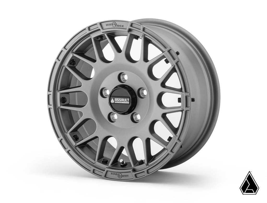 Sticky XT Warrior Tires 35x10x15 on 15x7 Assault Industries Hellfire Matte Titanium Wheels 5/4.5 Pattern