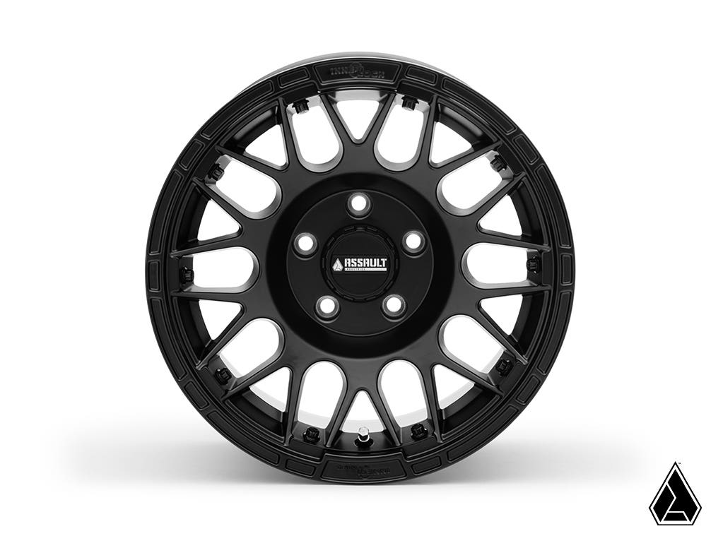Sticky XT Warrior Tires 35x10x15 on 15x10 Assault Industries Hellfire Satin Black Wheels 4/156 Pattern