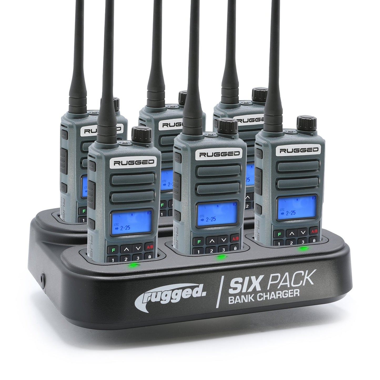 6 Pack - Rugged GMR2 PLUS - GMRS and FRS Two Way Handheld Radios with Bank Charger - Safety Orange