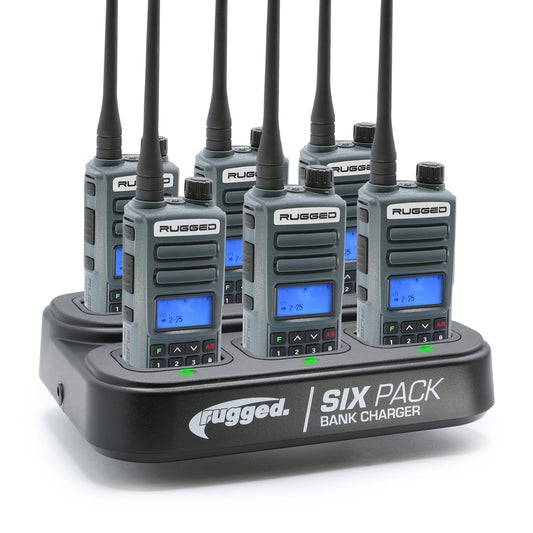 6 Pack - Rugged GMR2 PLUS - GMRS and FRS Two Way Handheld Radios with Bank Charger - Safety Orange