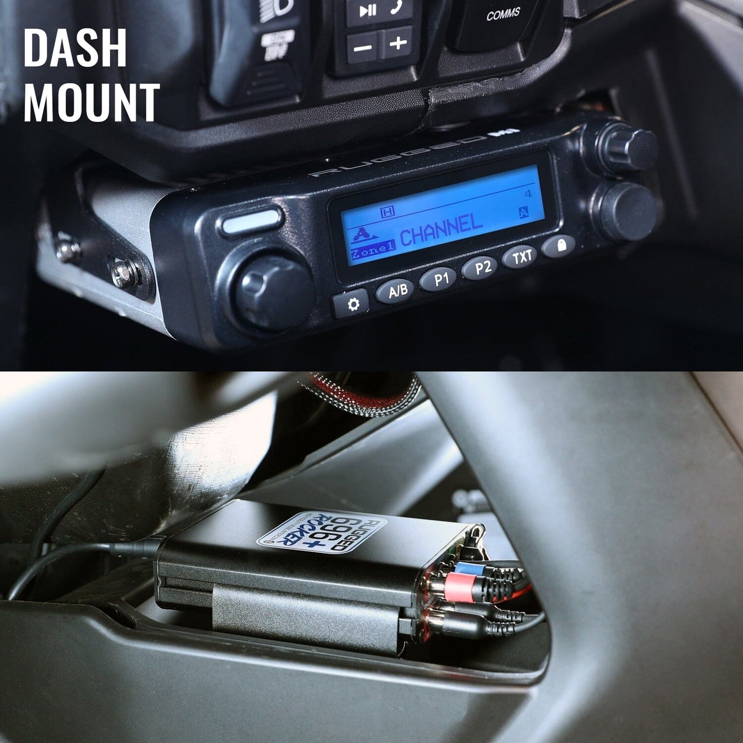 Can-Am Maverick R Complete Communication Kit with Rocker Switch Bluetooth Intercom and 2-Way Radio - STX Stereo Remote Head / G1 GMRS / Dash Mount