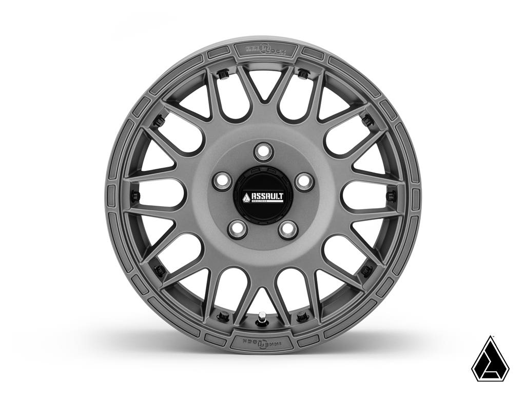 Sticky XT Warrior Tires 35x10x15 on 15x7 Assault Industries Hellfire Matte Titanium Wheels 5/4.5 Pattern