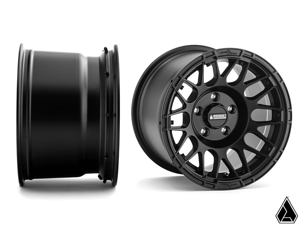 Sticky XT Warrior Tires 35x10x15 on 15x10 Assault Industries Hellfire Satin Black Wheels 4/136 Pattern