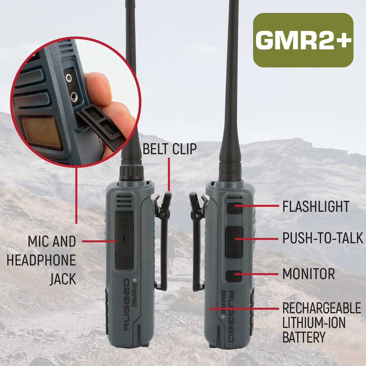 2 Pack - Rugged GMR2 PLUS - GMRS and FRS Two Way Handheld Radios - Grey